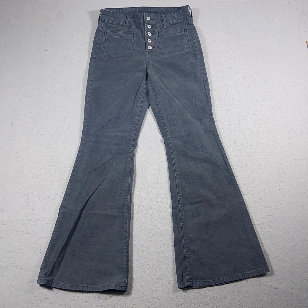 American Eagle Corduroy Pants Women 6 Super High Rise Flare Gray Exposed Button‎